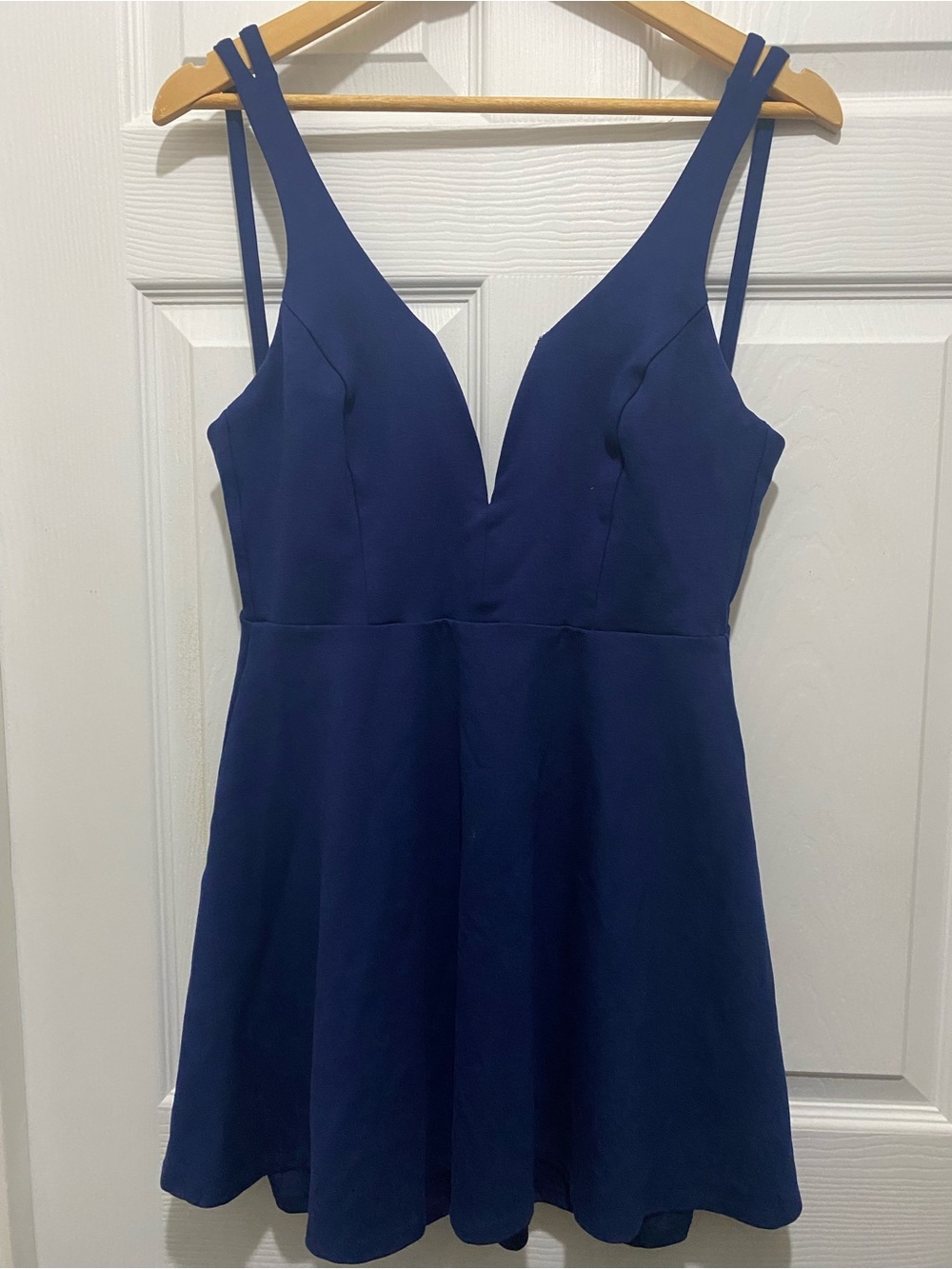 Lulu's Navy Blue Double-Strap V-Neck Fit & Flare Skater Dress Flawed